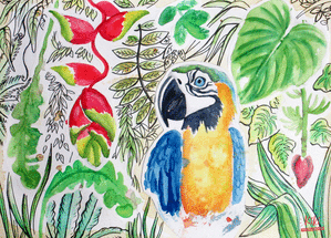 Carte nature, vacances, paysages et animaux Perroquet dans sa jungle luxuriante